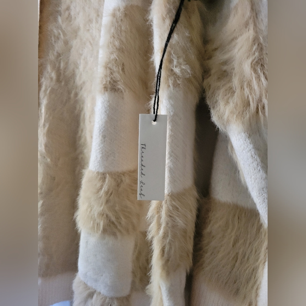 New Vegan Fur Textured Checkered Knit Open Cardigan with Ribbed Trim - Picture 5 of 7